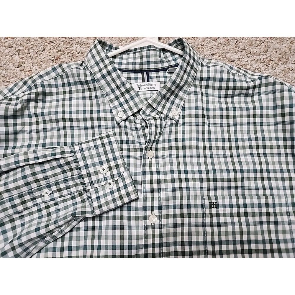 Pedro del Hierro‎ XL Men's Button Green White Plaid Non Iron US 48 100% Cotton
